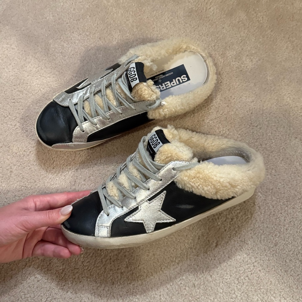 Golden Goose Superstar Sabot Black Leather Star-Accent Shearling Mule Sneakers